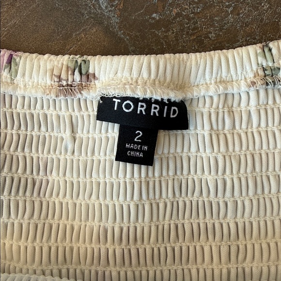 Torrid ivory and purple floral smocked chiffon off-the-shoulder dress - Picture 9 of 15